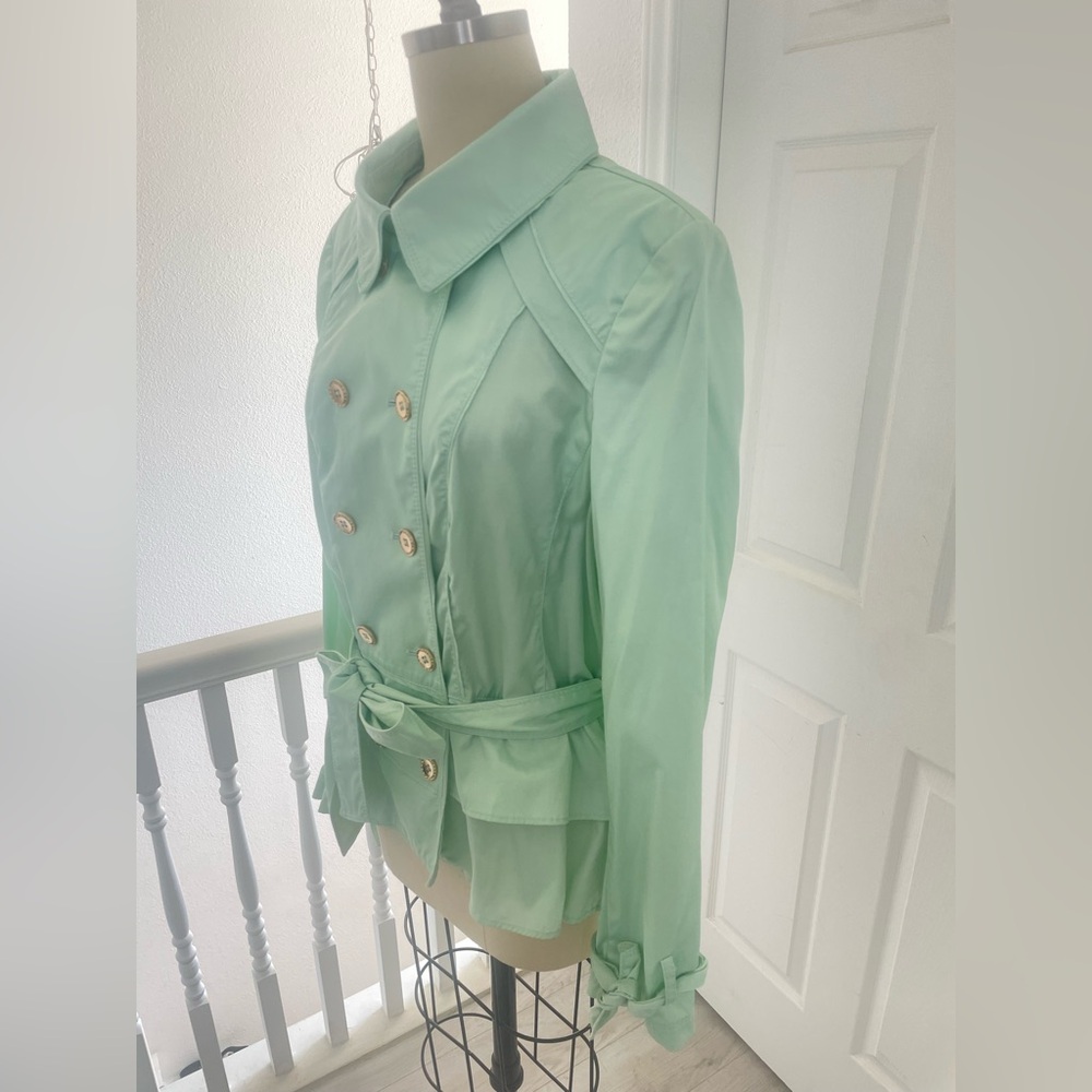 White House black market long sleeve double breasted ruffle, mint jacket. - Picture 6 of 16